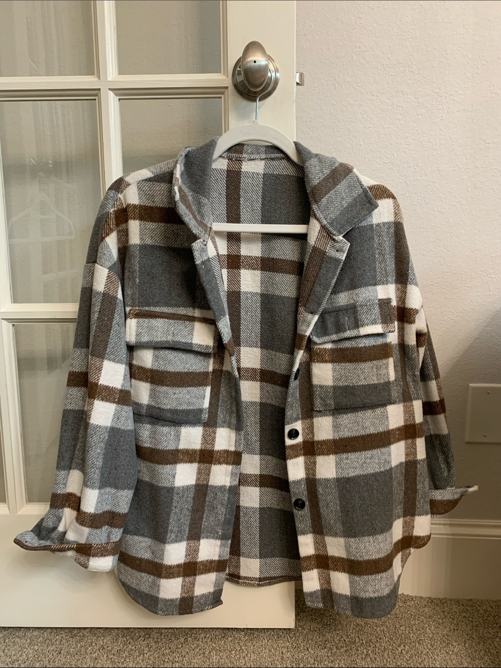 Plaid Shacket in Gray, White & Brown